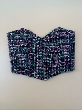 Zara Tweed Strapless Bustier Top in Black, Purple‎ & Teal